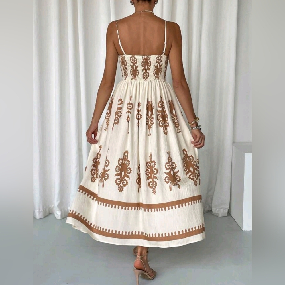 New Boho Floral Print Split Hem Cami Dress Cream Tan - Picture 4 of 9
